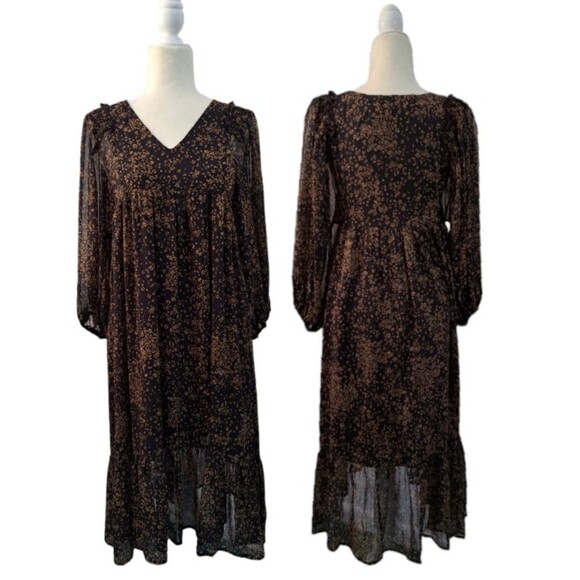 Mittoshop Dark Floral Midi Tiered Dress Balloon Sleeves Shimmer Gold Dark Small - Picture 2 of 9